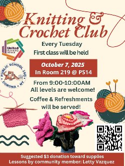 Flyer with pictures of yarn advertising the Tuesday October 7 knitting club